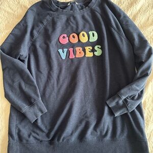 Wild Fox Navy Sweatshirt with Colorful 'Good Vibes' Text Size L